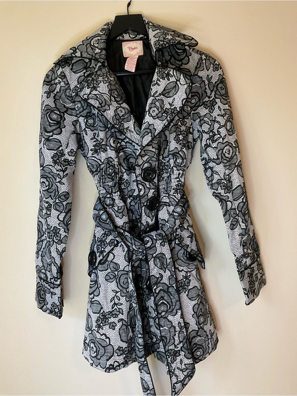 Candie's Black & White Floral Lace-Print Trench with Belt